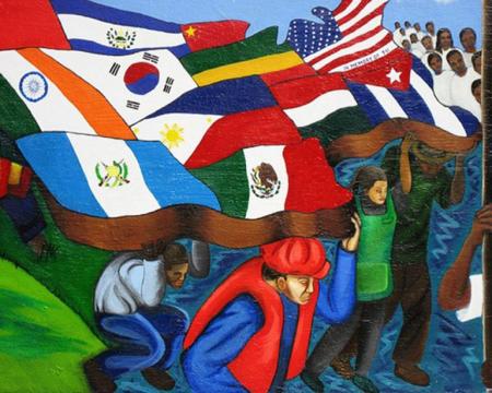 Illustration of people holding different countries' flags