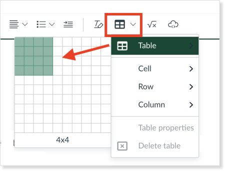 view of table insert icon in Canvas