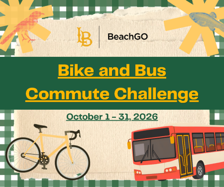 A green background with a bike and bus to promote sustainable modes of transportation
