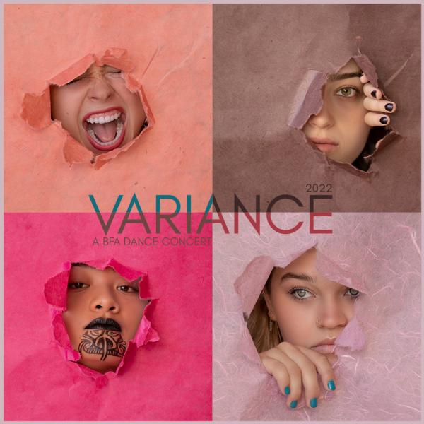 Variance a BFA Dance Concert 2022 - Four pink or brown squares with female faces reveled.