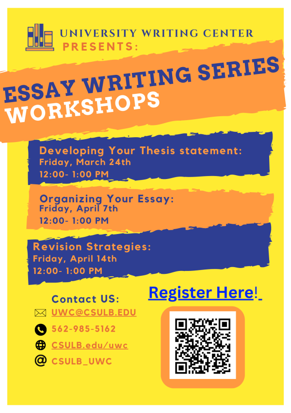 Thesis Statement on Friday March 24 from 12 pm - 1 pm, Organization on Friday April 7th from 12 - 1 pm and Revision on Friday April 14th from 12 - 1 pm