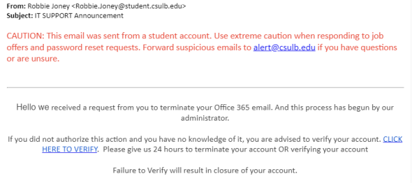 Example of a real phishing email claiming that there has been a request to terminate user's Office 365 accounts if they are not verified through the short URL link. The phishing post claims to be from the IT Department on campus. 