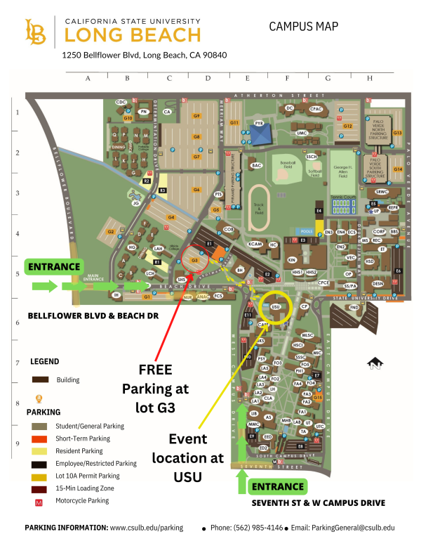 CSULB Campus Map with parking labeled in lot G3 and location labeled at USU