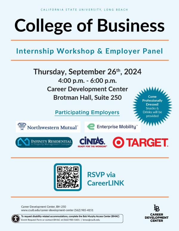 College of Business Internship Workshop & Employer Event Flyer outlining the information of the Internship Workshop and Employer Panel