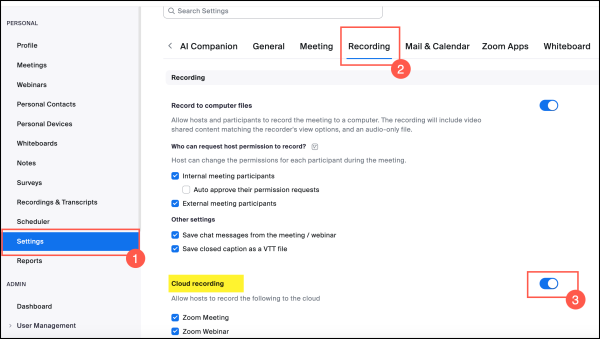 enable zoom cloud recording