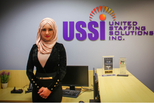 Aya Elhelbawy at her United Staffing Solutions Inc (USSI) office