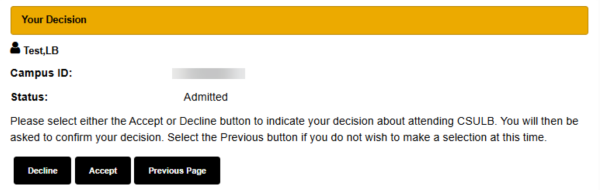 MyCSULB screenshot of the prompt to accept or decline your admission offer.