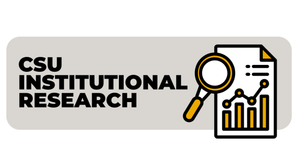 Light gray background with a yellow and white icon of a magnifying glass over a page with a a data chart and the words 'CSU INSTITUTIONAL RESEARCH" to the left of the icon. 