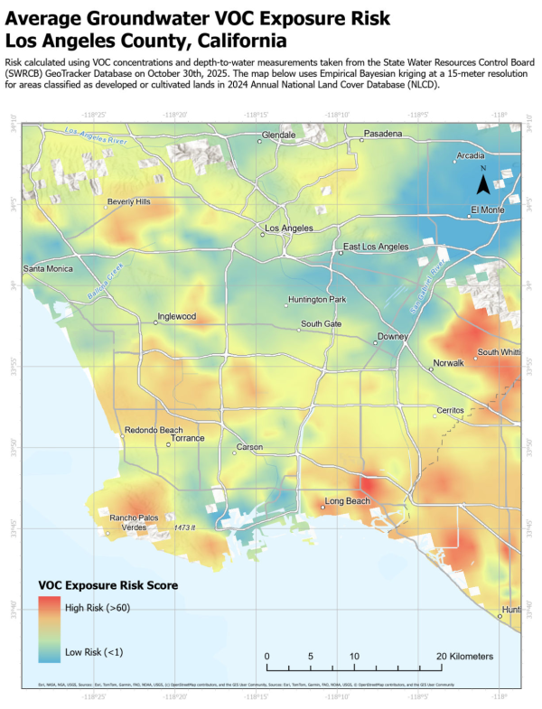 A detailed map of Los Angeles County shows average groundwater VOC exposure risk varying across cities and neighborhoods.
