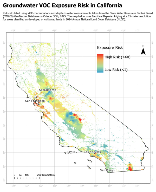 A map of California shows modeled groundwater VOC exposure risk with higher risk concentrated in parts of the Central Valley and major urban areas.