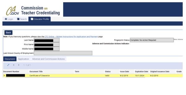 Screenshot of Certificate of Clearance from the CTC website