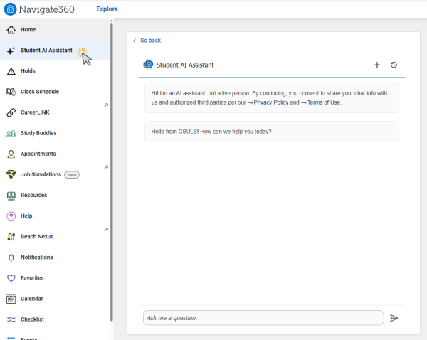 A screenshot of the Beach Connect Navigation Toolbar with a pointed cursor clicking on the Student AI Assistant in the top left corner