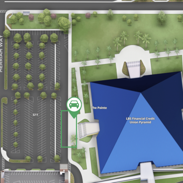 Drop off Location in G11 in front of the LBS Financial Credit Union Pyramid.