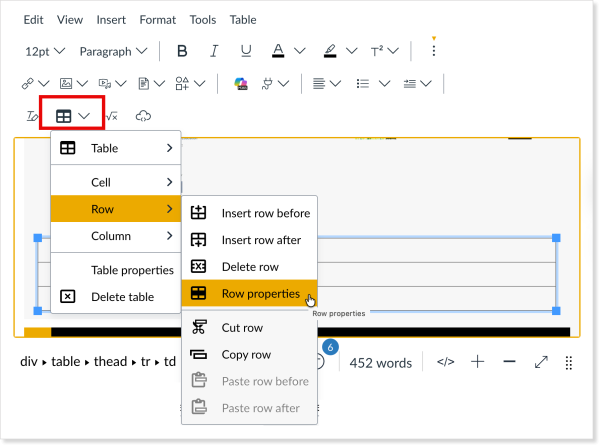 view of the table headers control menu