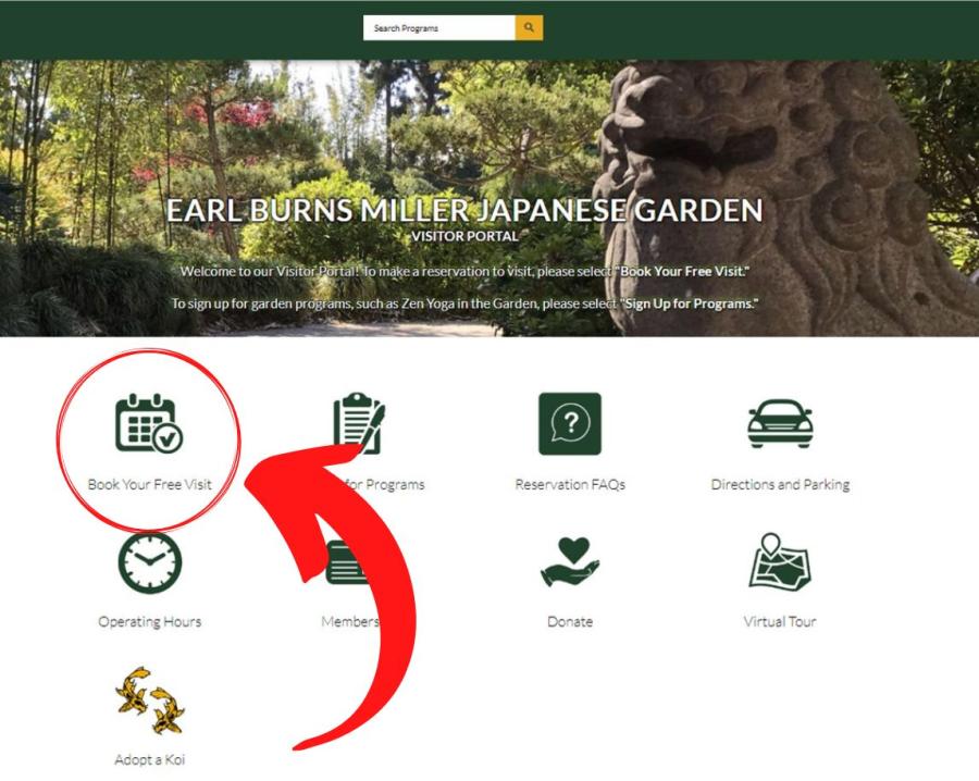 Front page of the Japanese Garden visitor portal on desktop with an arrow pointing to a menu item labeled "book your free visit" in the top left of the page, beneath the websites header image.