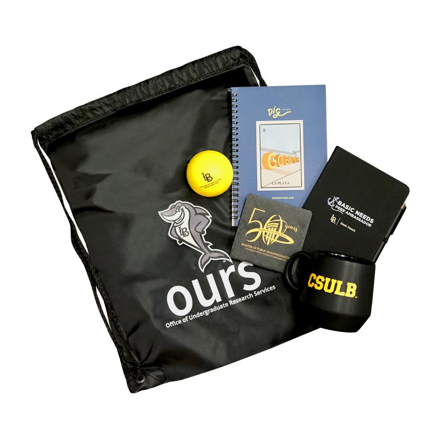 Custom Order Examples 3 School supplies like bags, mugs, coasters and stress balls with the CSULB logo on them.
