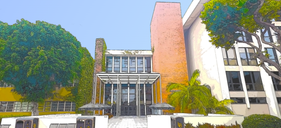 Illustrated image of the front entrance to the University Library 