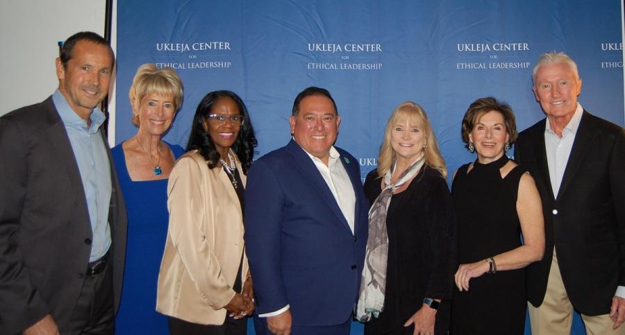 Greg Wooden, Janey Roeder, Karyn Scissum Gunn, Mark Guillen, Erin Garrity Rank, Louise Shakarian Ukleja, and Mick Ukleja at presentation of the Nell and John Wooden Ethics in Leadership Award ~ November 2024