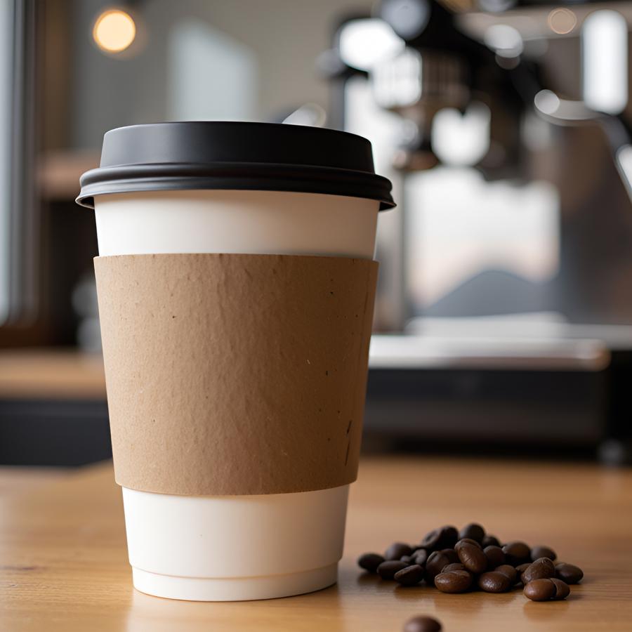 Express Catering Option 1 Togo cup of coffee on a table with some coffee beans next to it.