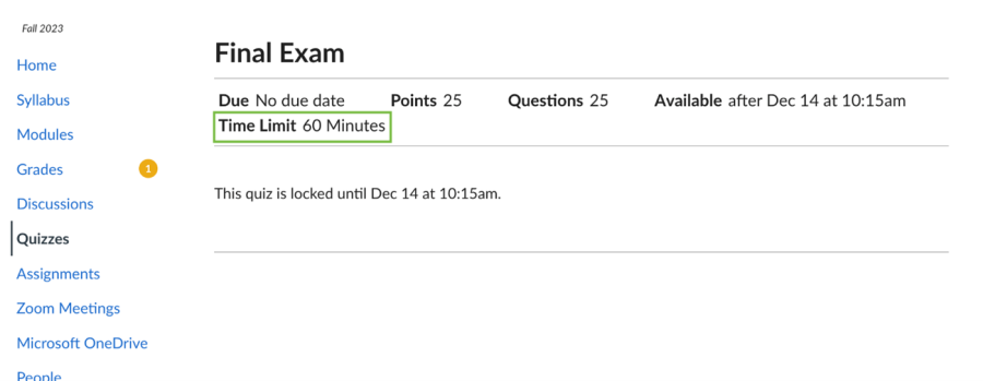 Canvas quiz screen indicating the allotted time limit