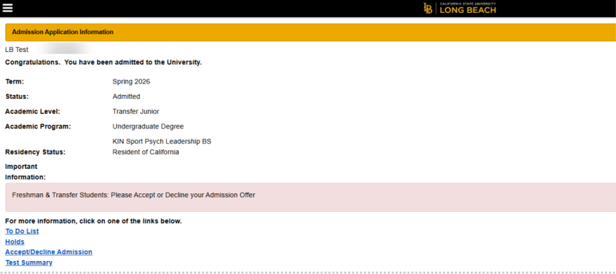 MyCSULB screenshot of a student's application information, including name, campus ID, term applied, and more.