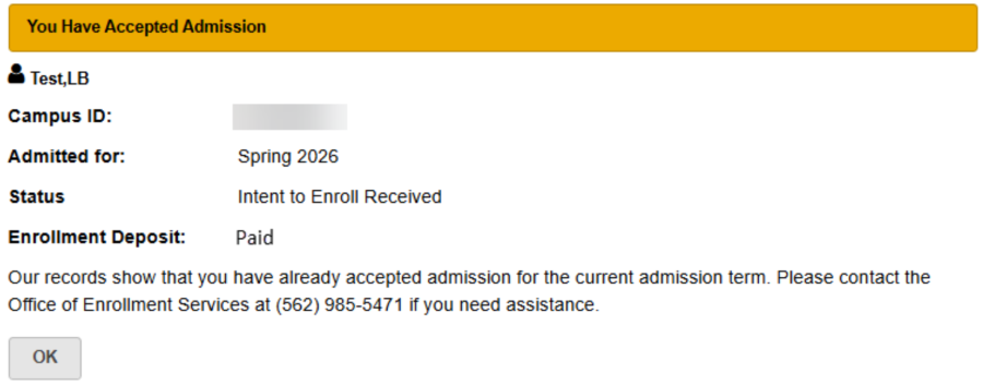 MyCSULB screenshot of the page confirming that the student has submitted their enrollment deposit.
