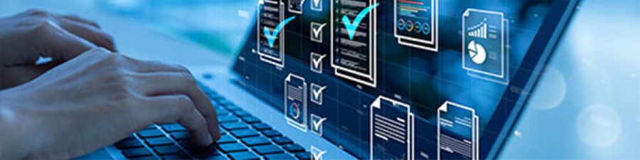 hands on laptop with icons across the screen