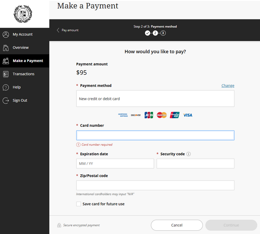 Screenshot of a page asking for credit card information