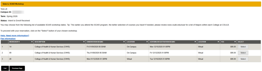 MyCSULB screenshot depicting a list of SOAR registration dates to choose from.