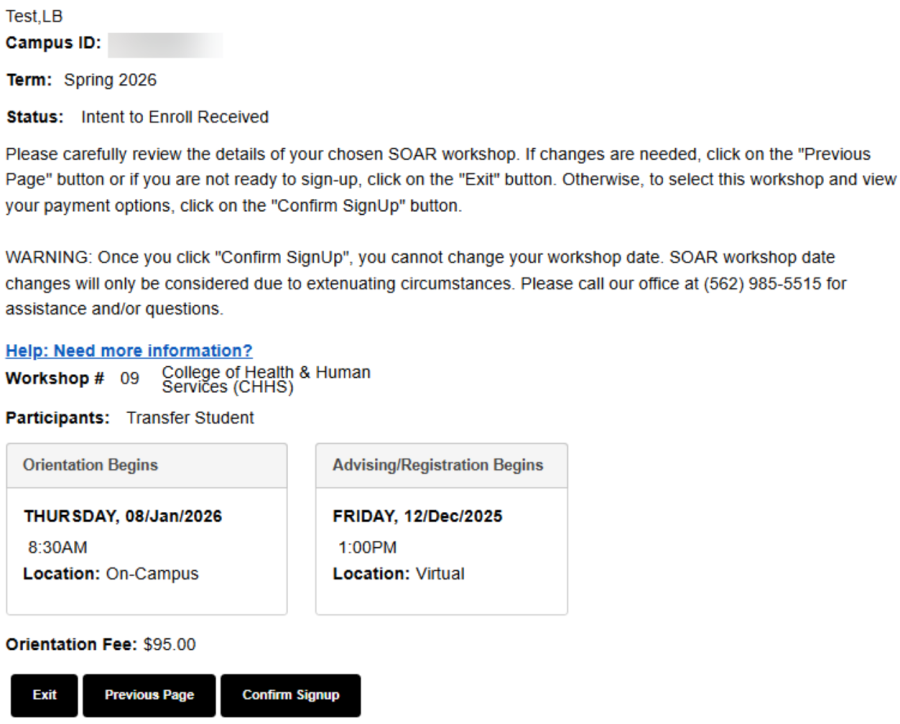 MyCSULB Student Center screenshot prompting the user to confirm their SOAR reservation date.