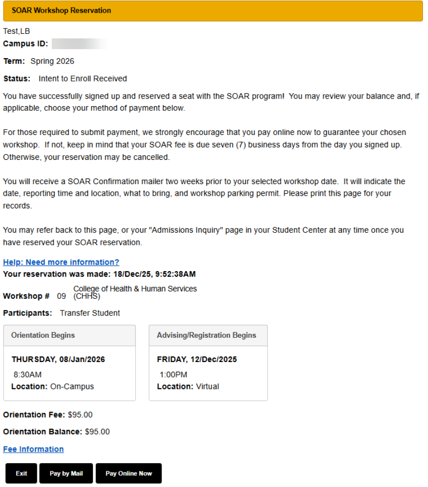 MyCSULB Student Center screenshot prompting student to pay online for their SOAR reservation.