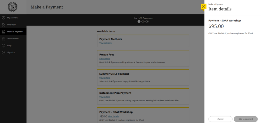 Screenshot showing that a 95 dollar payment can be made for SOAR.