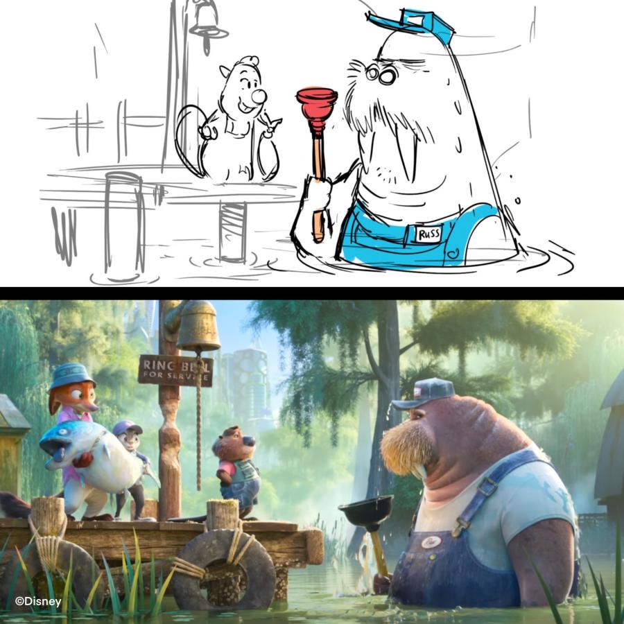 Storyboard and completed scene from "Zootopia 2"