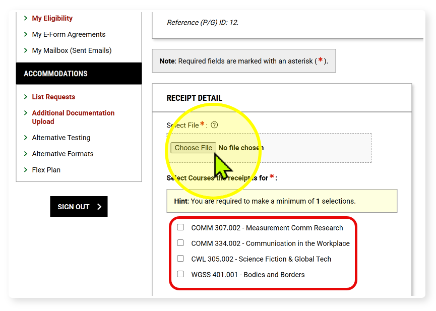 Receipt Detail form showing the Choose File button and course-selection checkboxes highlighted.