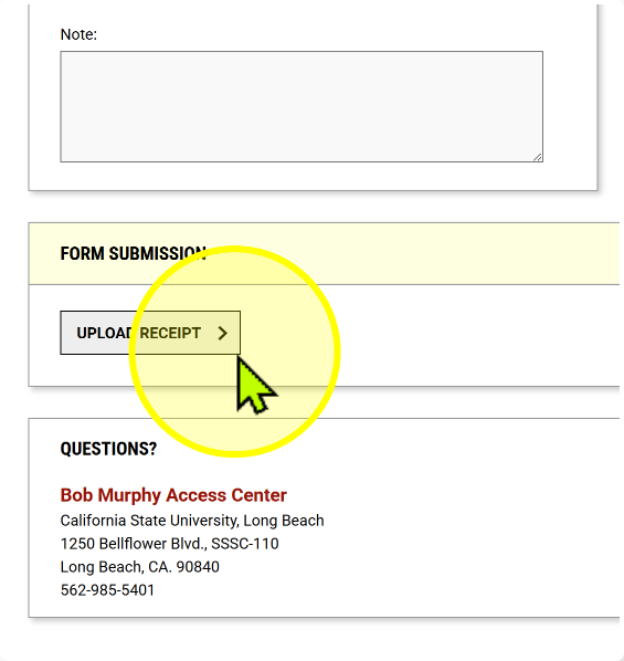 Receipt upload form with the Upload Receipt button highlighted under Form Submission.