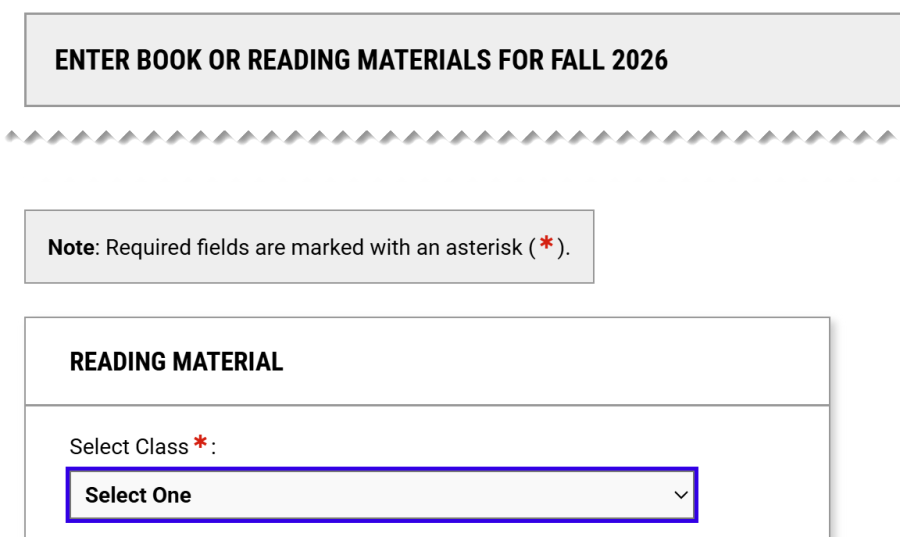 Enter Book or Reading Materials form with the Select Class menu highlighted.