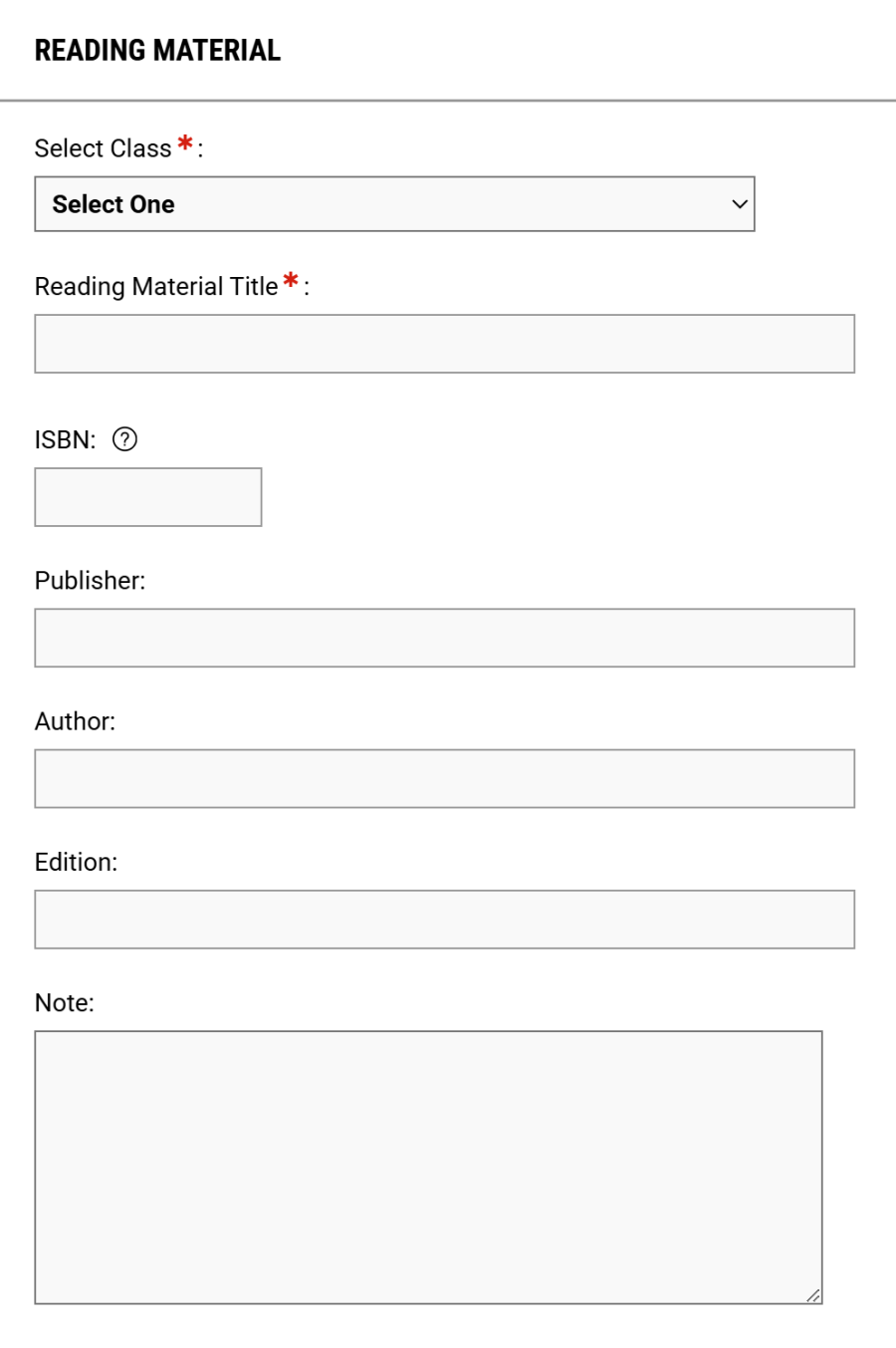 Reading Material form with fields for class, title, ISBN, publisher, author, edition, and notes.