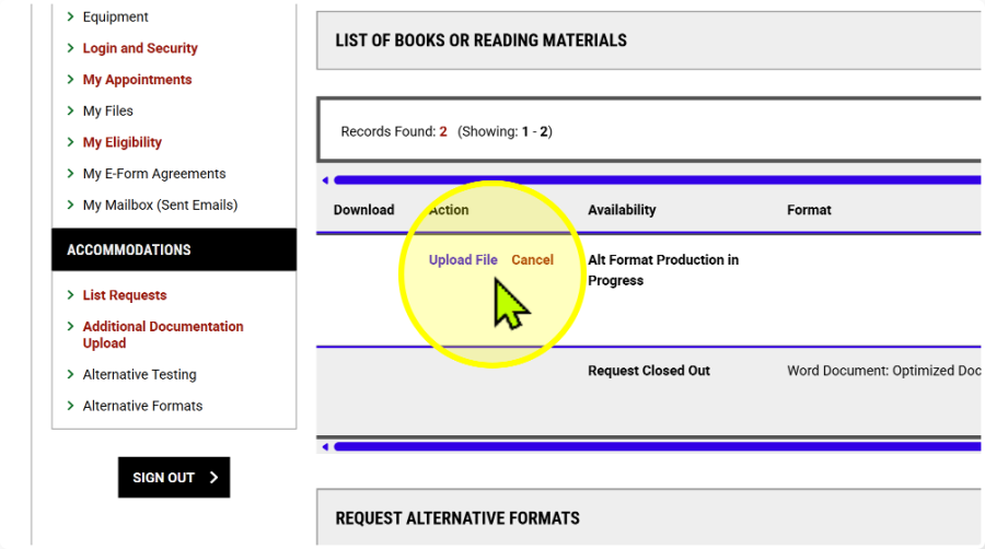 List of Books or Reading Materials with the Upload File action highlighted for a submitted request.