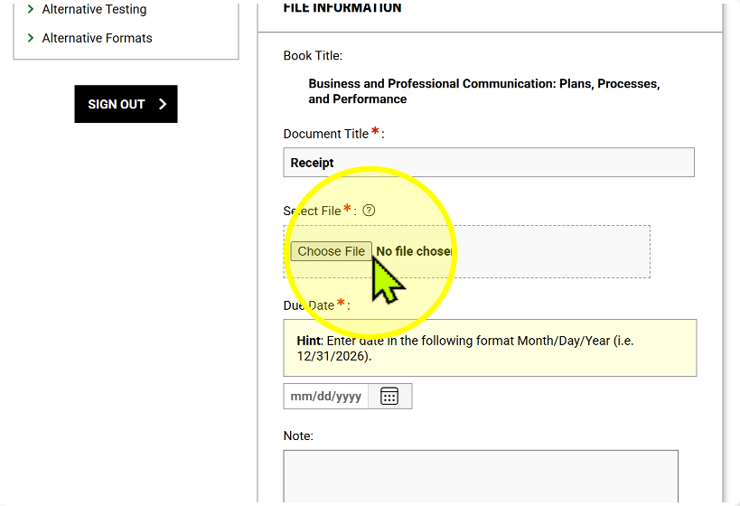 File Information form with fields for book title, document title, receipt date, and notes; the Choose File button is highlighted.
