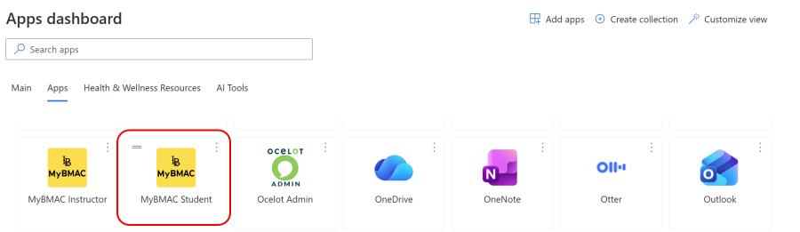 Microsoft Apps dashboard with the MyBMAC Student application highlighted.