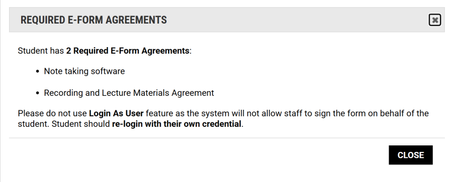 Example of required E-Form Agreements dialog listing two agreements that the student must sign before continuing.