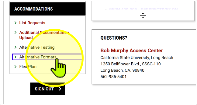 MyBMAC Accommodations menu with the Alternative Formats option highlighted.