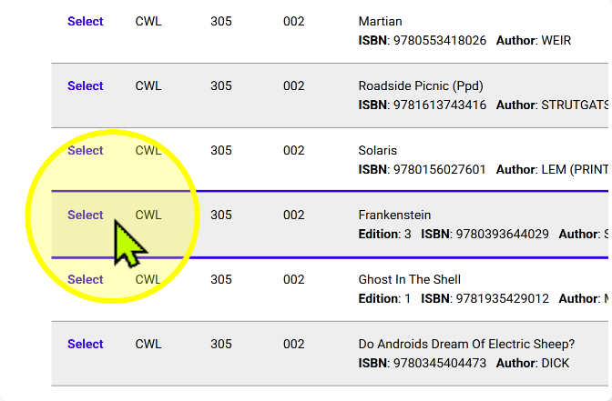 Textbook list with the Select links highlighted for requesting an alternative format.