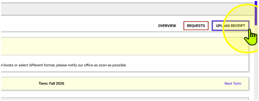 Alternative Formats Requests page with the Upload Receipt button highlighted.