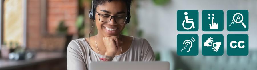 woman looking at laptop and accessibility icons