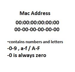 Example of Mac Address 00:00:00:00:00:00 or 00-00-00-00-00-00. Contains numbers 0-9 and letters A-F. 