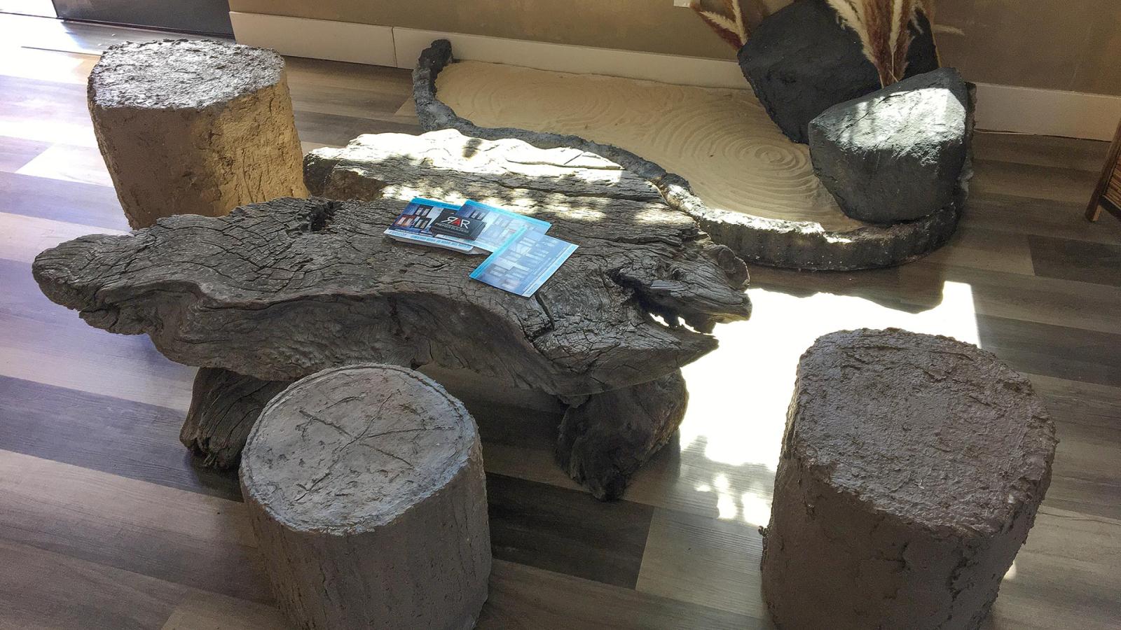 Table, chairs and sand garden