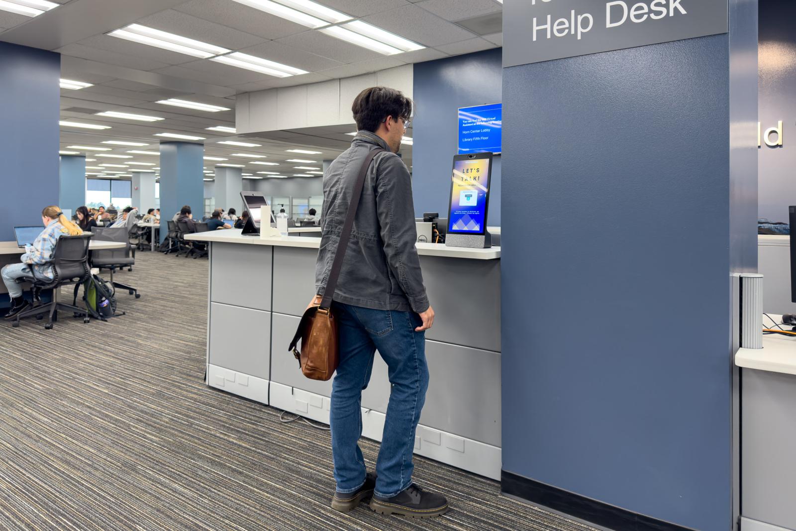 Virtual assistant kiosk in the Horn Center lobby.