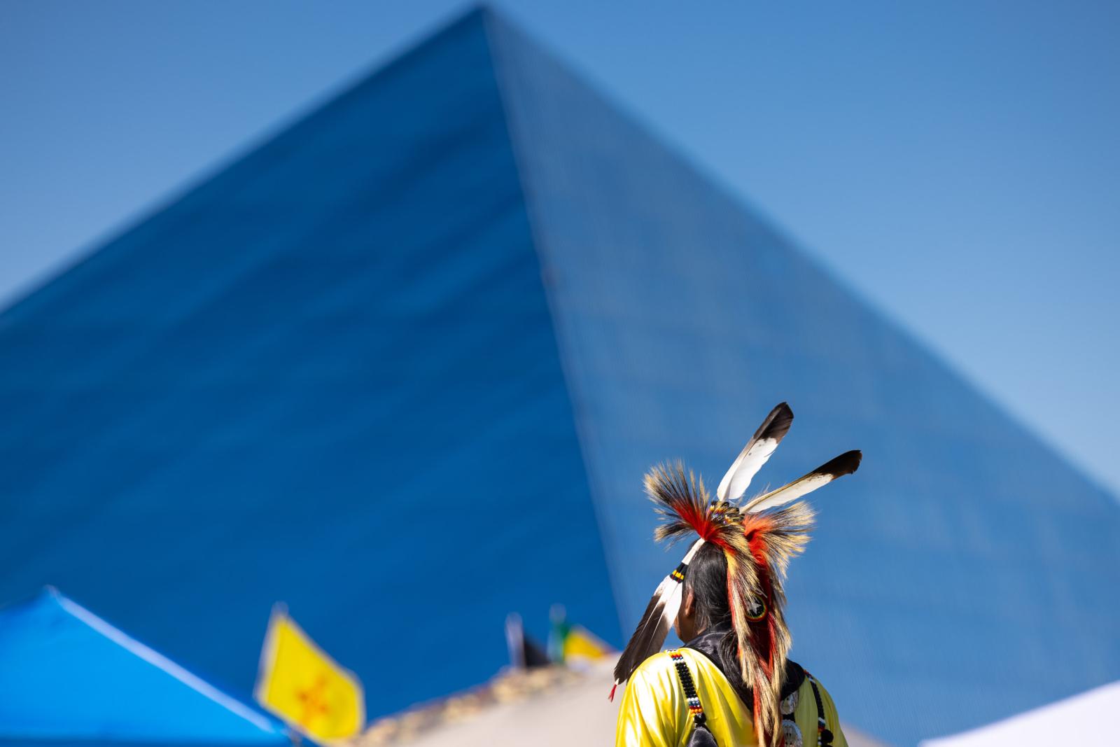 Pow Wow dancer in front of Walter Pyramid Pow Wow dancer in front of Walter Pyramid