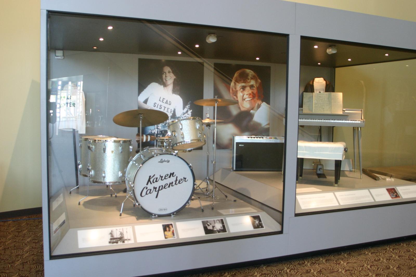 Display case of Carpenters instruments and memorabilia Display case of Carpenters instruments and memorabilia